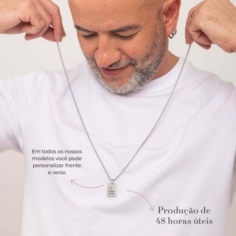 Colar Masculino Aço Personalizado Retangular Pequeno