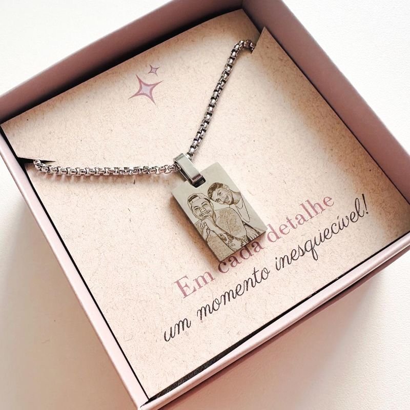 Colar Masculino Aço Personalizado Retangular Pequeno