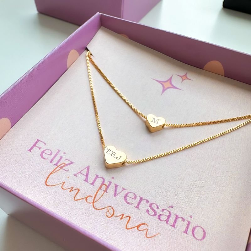 Colar Personalizado Banhado a Ouro 18k Coração Duplo
