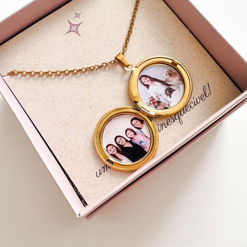 Colar Relicário Personalizado Aço Floral Redondo + Foto 2,5 cm