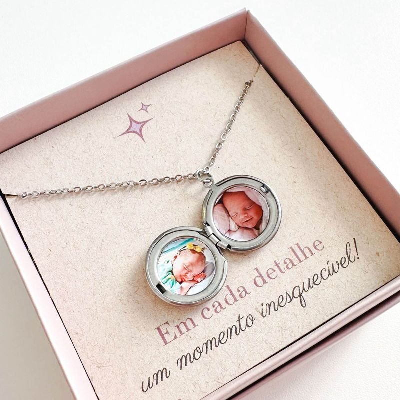 Colar Relicário Personalizado Aço Redondo + Foto Corrente 45 cm