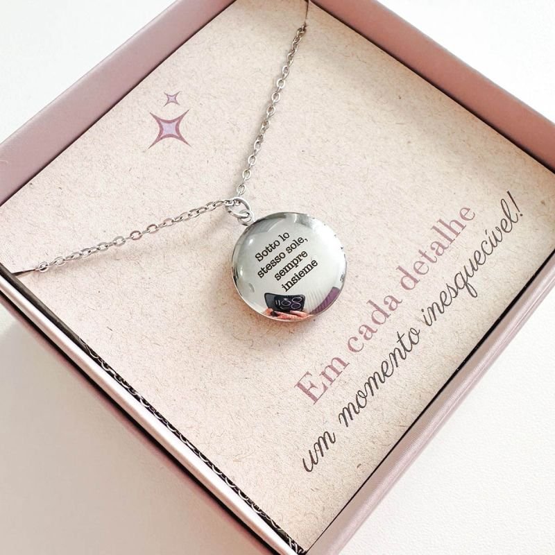 Colar Relicário Personalizado Aço Redondo + Foto Corrente 45 cm
