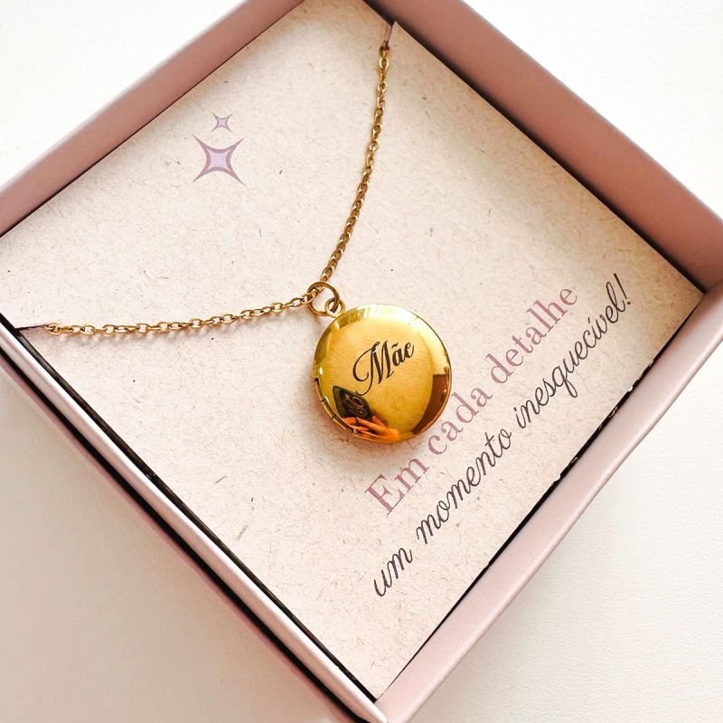 Colar Relicário Personalizado Aço Redondo + Foto Corrente 45 cm