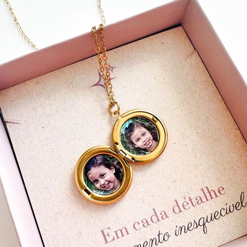 Colar Relicário Personalizado Aço Redondo + Foto Corrente 45 cm