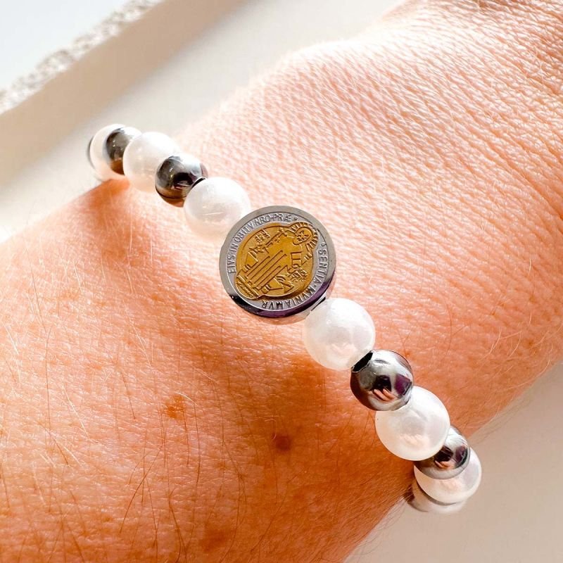 Pulseira Aço Bola, pérola e São Bento