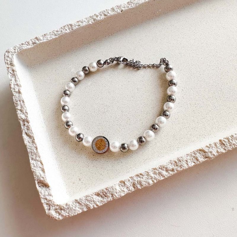 Pulseira Aço Bola, pérola e São Bento