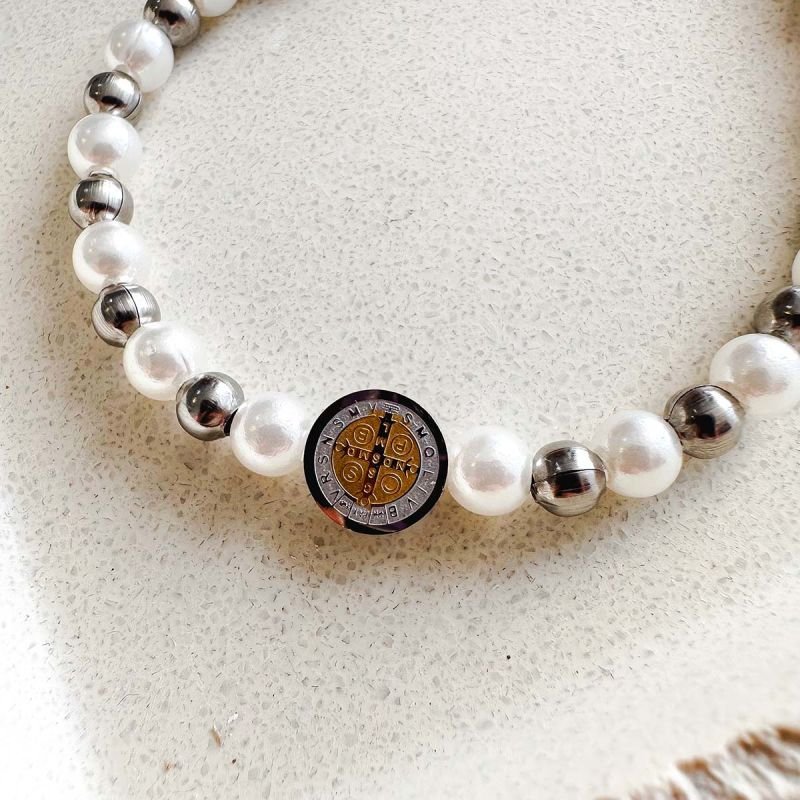 Pulseira Aço Bola, pérola e São Bento