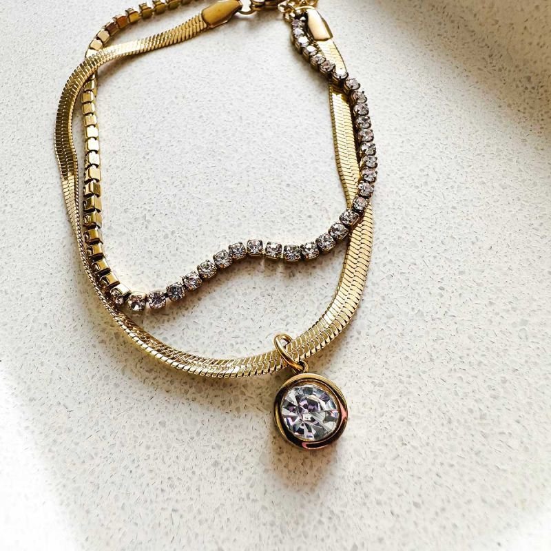 Pulseira Aço Fita Dupla com Strass e Ponto de Luz