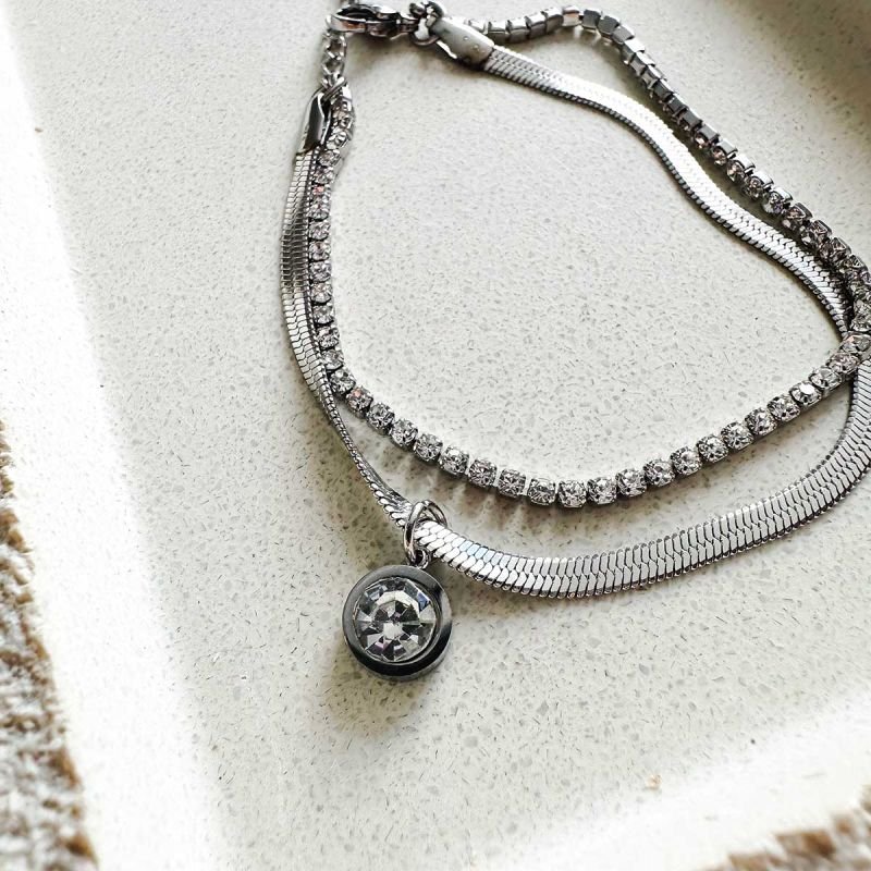 Pulseira Aço Fita Dupla com Strass e Ponto de Luz