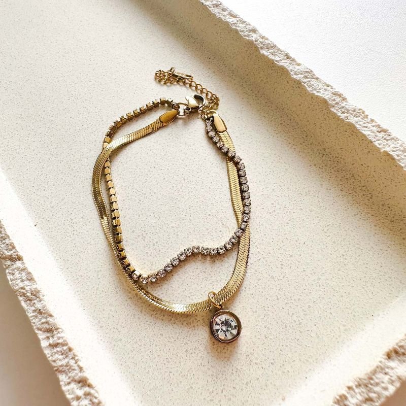 Pulseira Aço Fita Dupla com Strass e Ponto de Luz