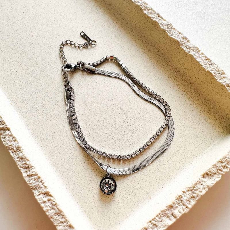 Pulseira Aço Fita Dupla com Strass e Ponto de Luz