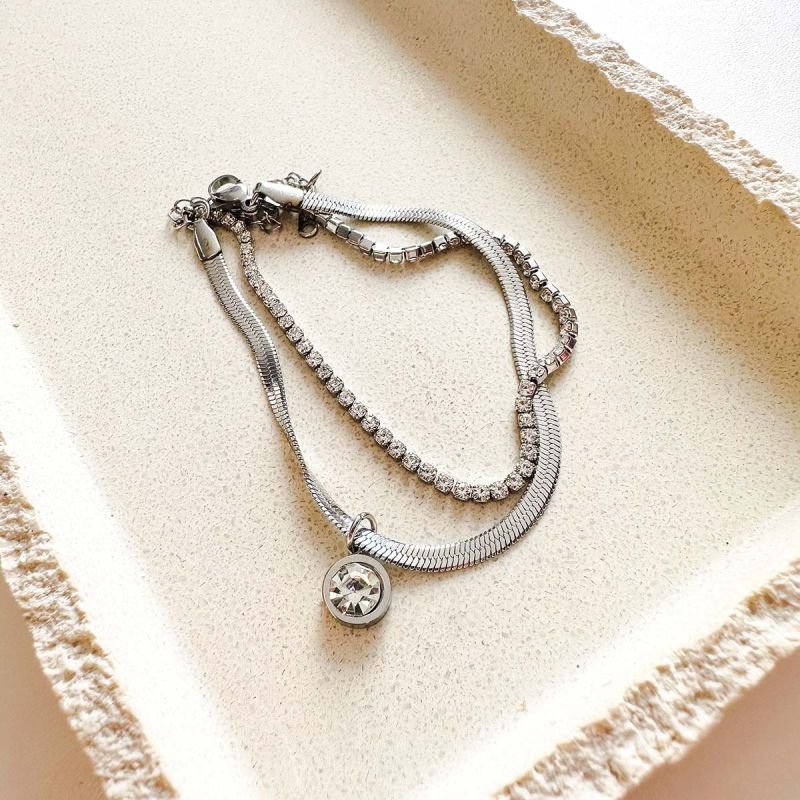 Pulseira Aço Fita Dupla com Strass e Ponto de Luz