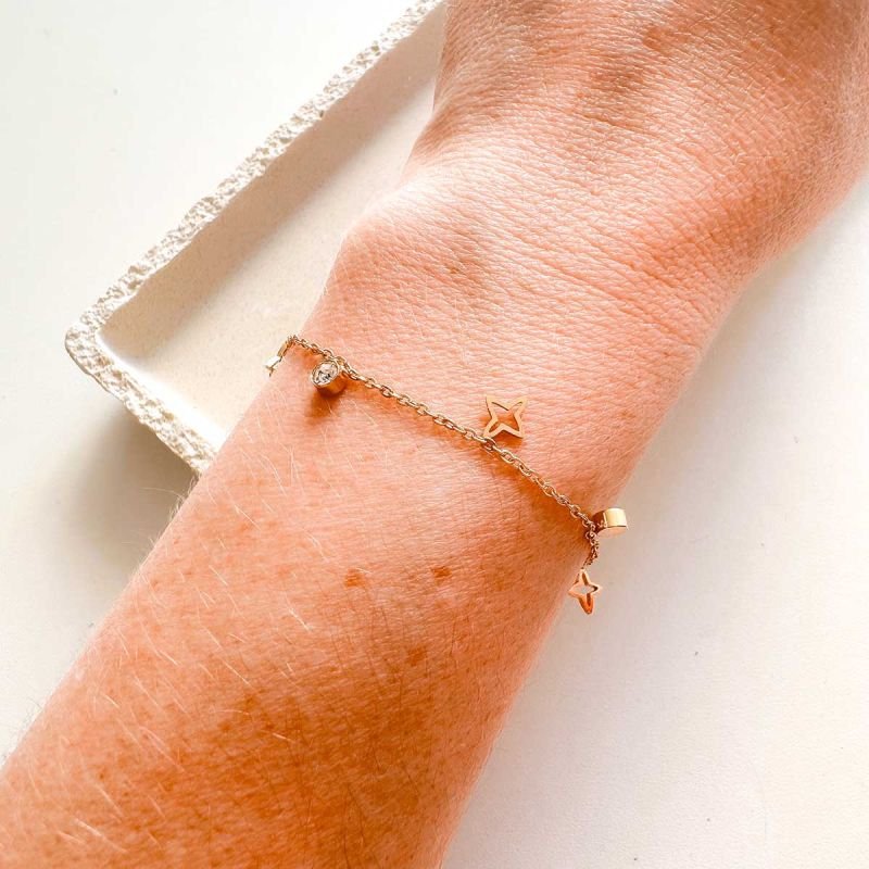 Pulseira Aço Estrela Estilizada e Ponto de Luz