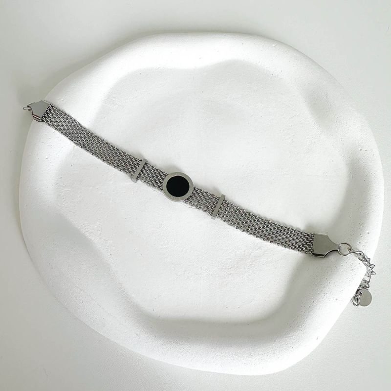 Pulseira Aço Malha Metal Prateado Círculo Preto