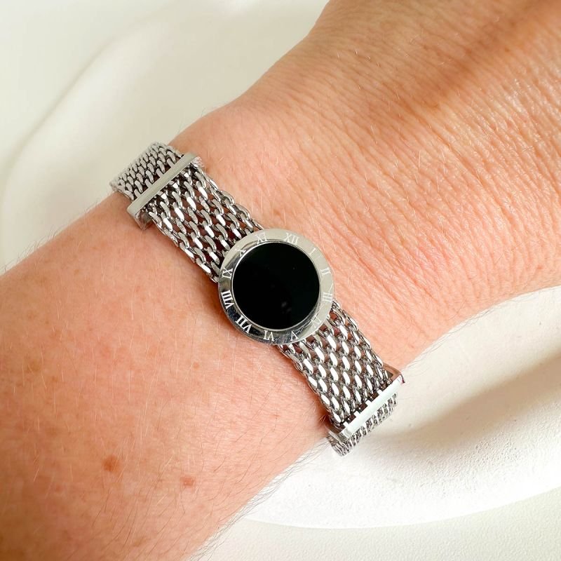 Pulseira Aço Malha Metal Prateado Círculo Preto
