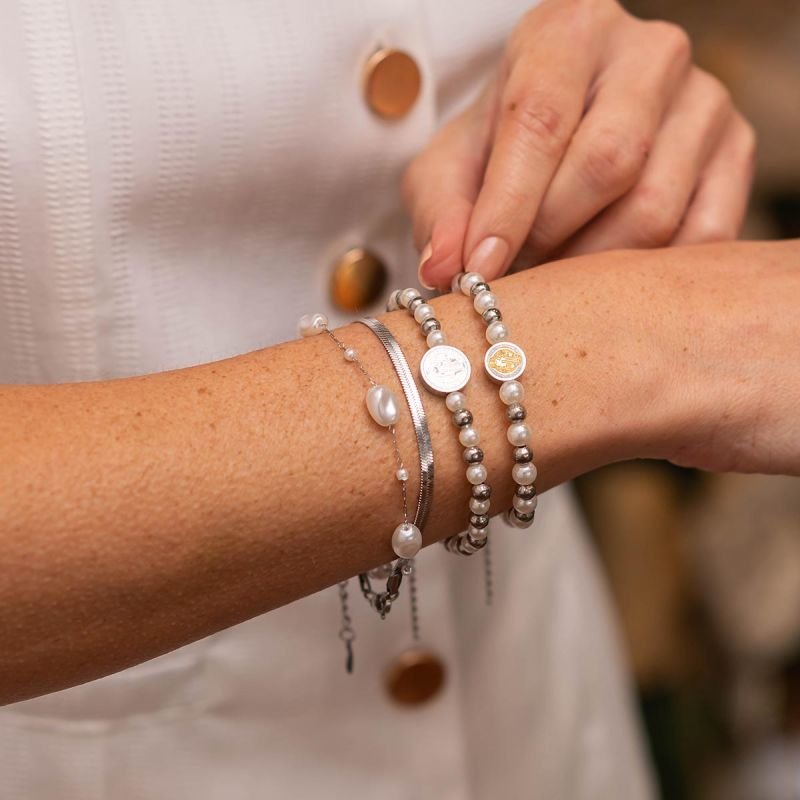 Pulseira Aço Pérolas