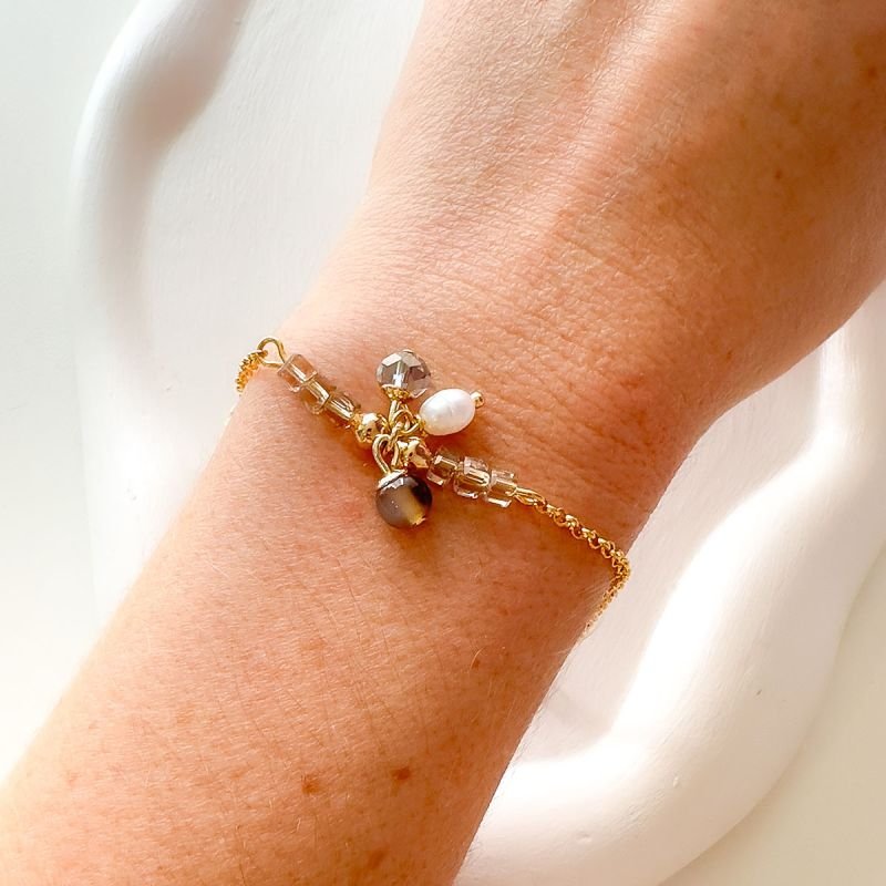 Pulseira Banhada a Ouro 18k Cristal, Pérola e Quartzo Fumê