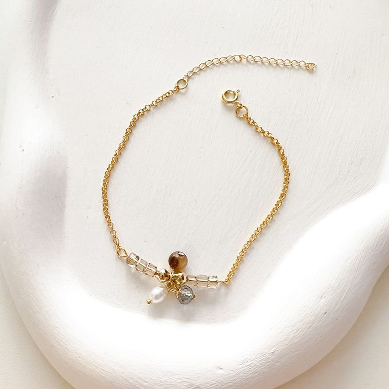 Pulseira Banhada a Ouro 18k Cristal, Pérola e Quartzo Fumê