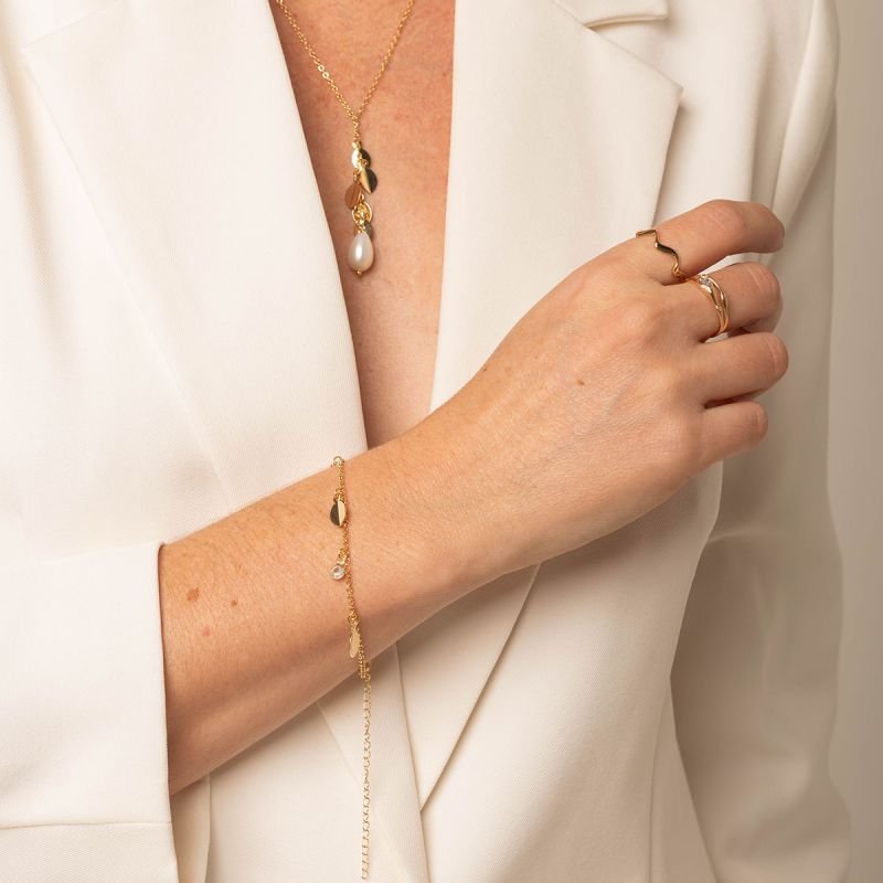 Pulseira Banhada Folhas e Zircônia