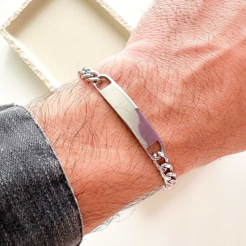 Pulseira Groumet Masculina Personalizada Placa Pequena Aço Adulto