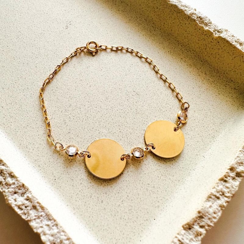 Pulseira Personalizada Medalha Dupla Banhada a Ouro 18k com Cristais