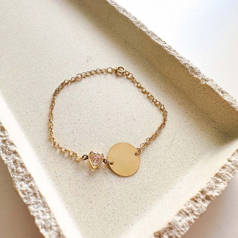 Pulseira Personalizada Medalha Banhada a Ouro 18K com Coração de Cristal
