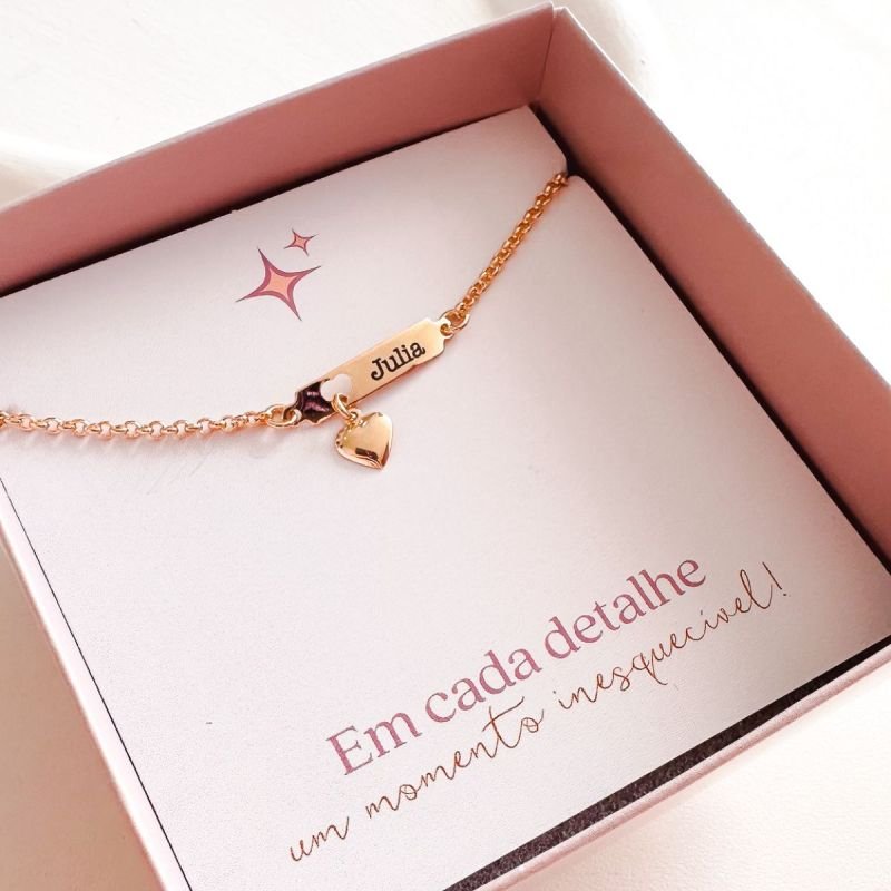 Pulseira Personalizada Banhada Placa Coração Pendurado Infantil