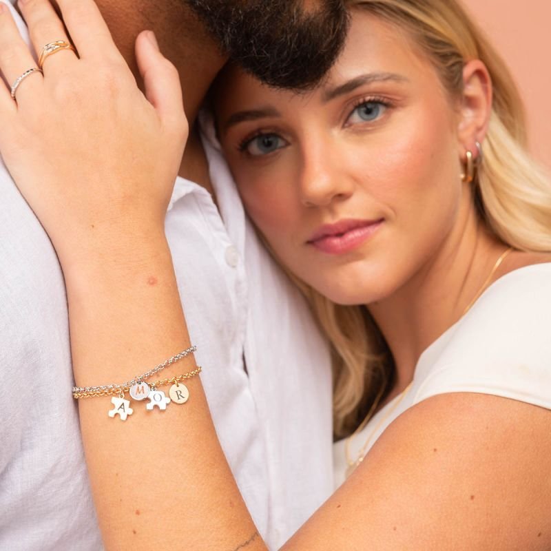 Pulseira Personalizada Banhada Quebra Cabeça e Medalha