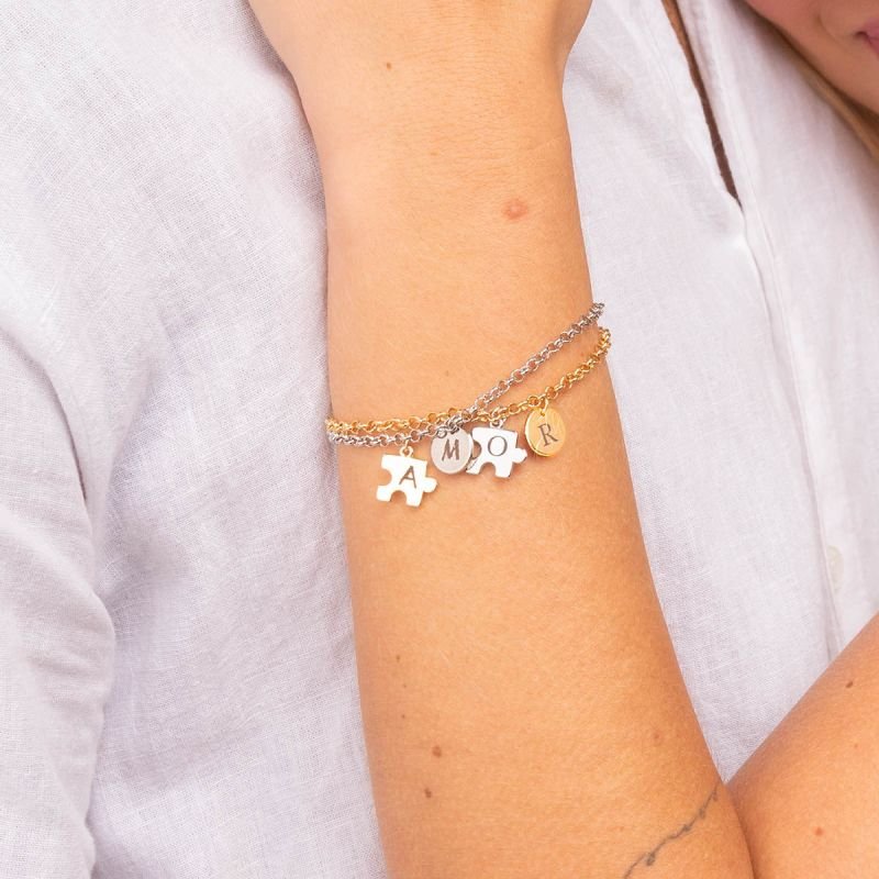 Pulseira Personalizada Banhada Quebra Cabeça e Medalha