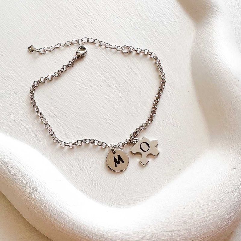 Pulseira Personalizada Banhada Quebra Cabeça e Medalha