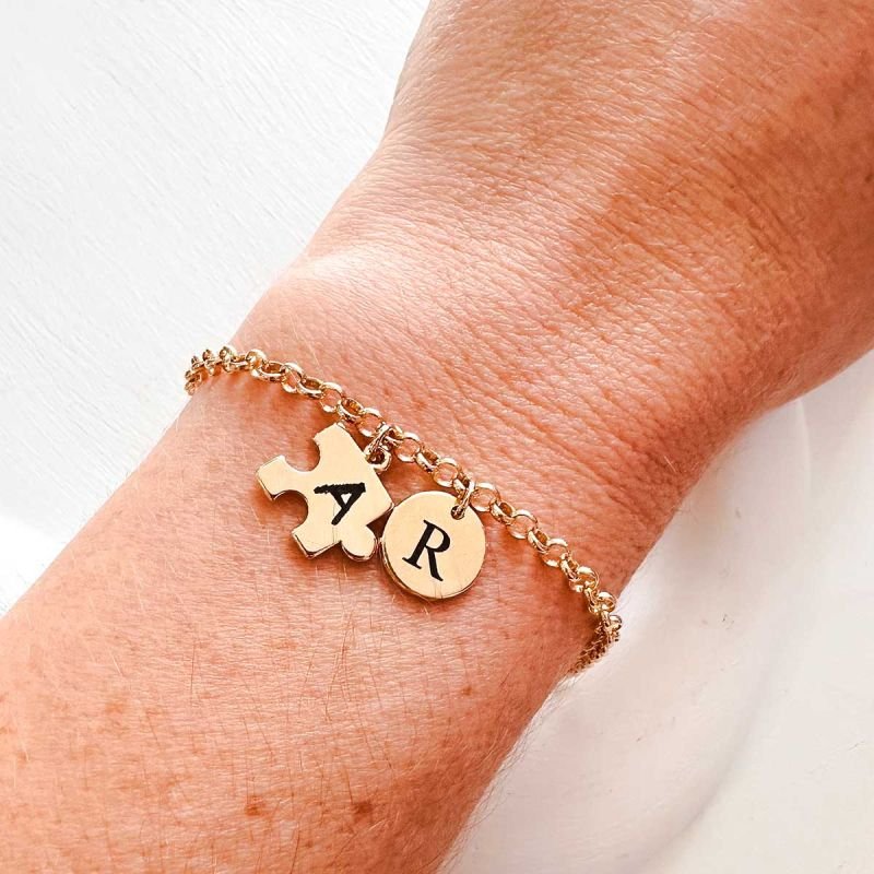 Pulseira Personalizada Banhada Quebra Cabeça e Medalha