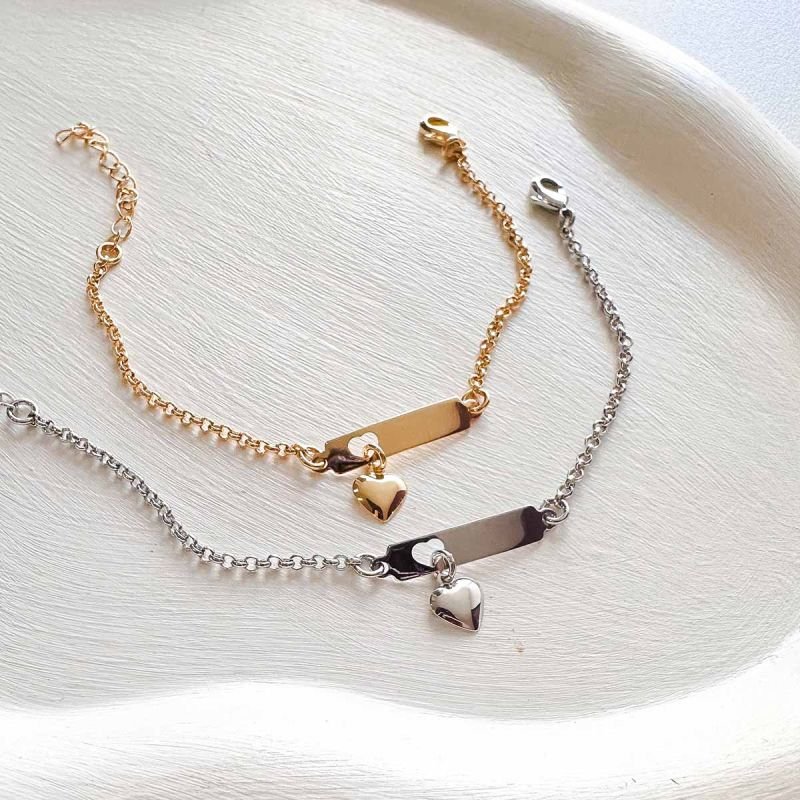 Pulseira Personalizada Banhada Placa Coração Pendurado Infantil