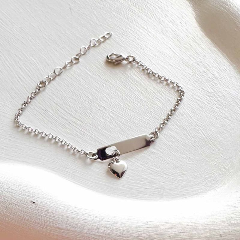 Pulseira Personalizada Banhada Placa Coração Pendurado Infantil