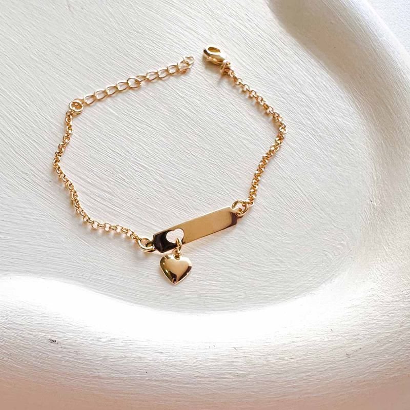 Pulseira Personalizada Banhada Placa Coração Pendurado Infantil