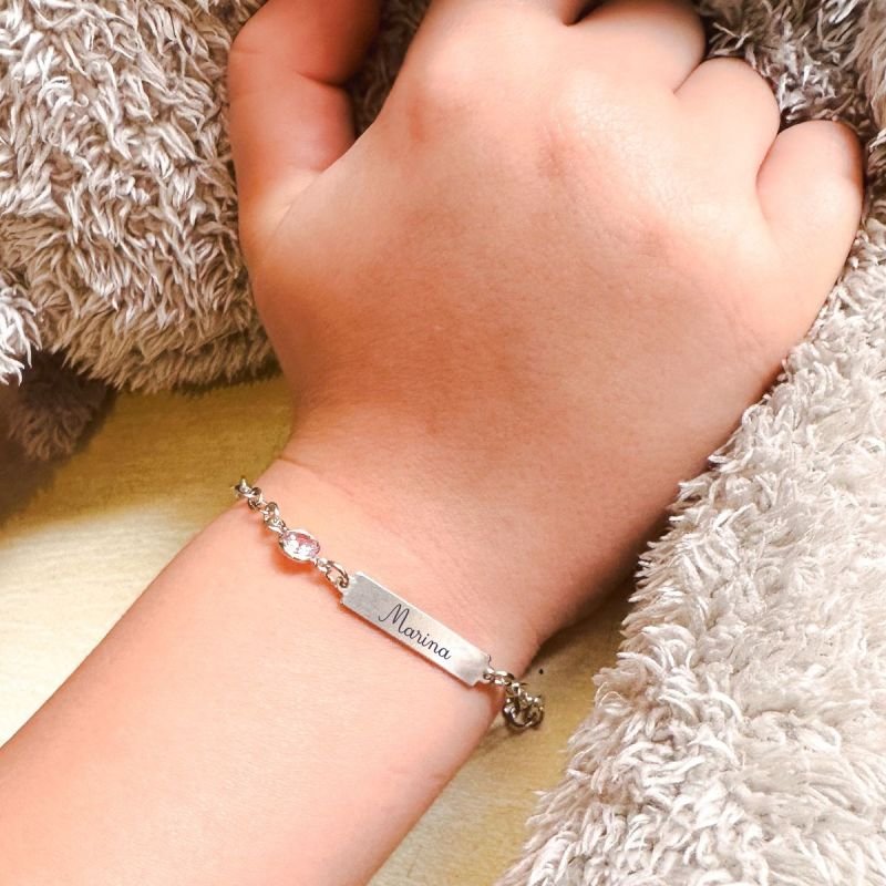 Pulseira Personalizado Banhada Placa Infantil Cristal Rosa