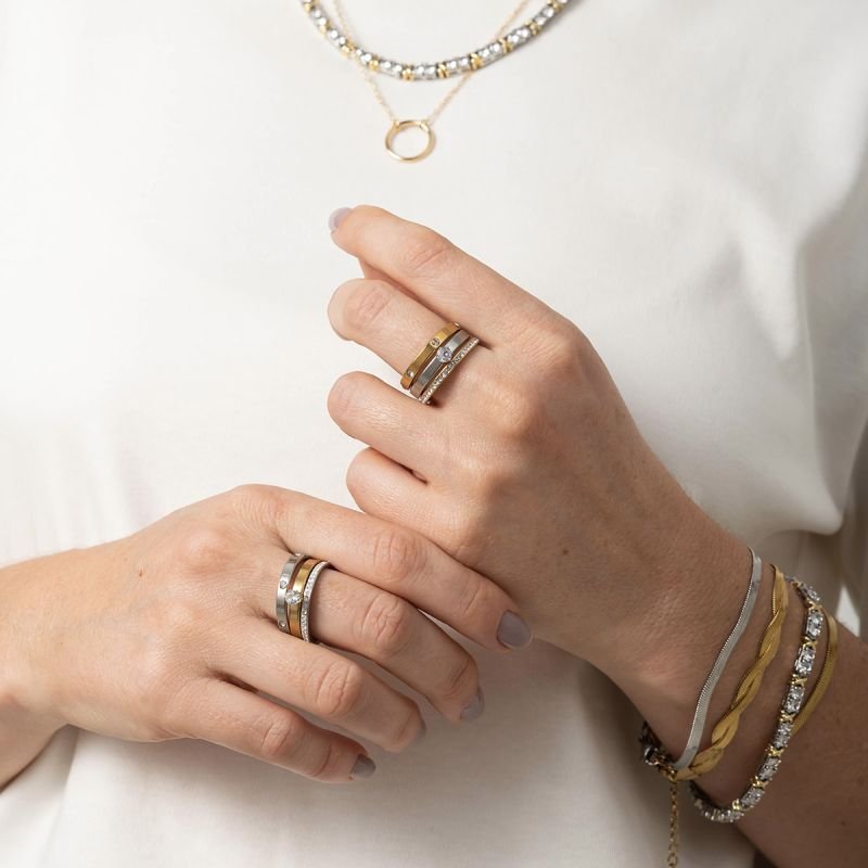 Trio Anéis Aço Dourado Strass