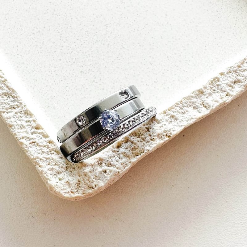 Trio Anéis Aço Prateado Strass