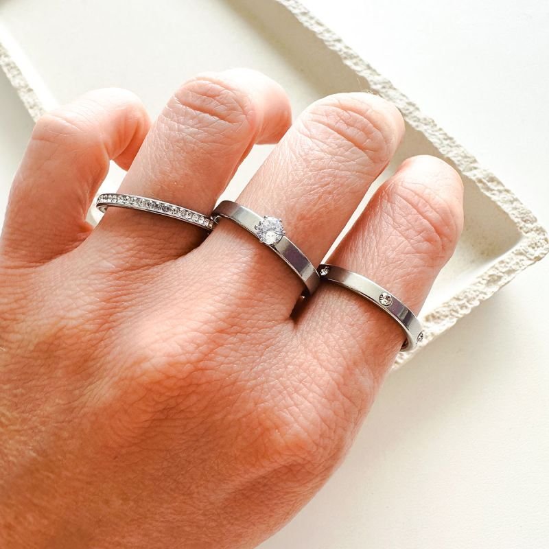 Trio Anéis Aço Prateado Strass