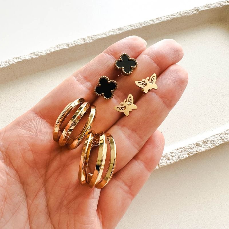 Trio Brincos Aço com Argola Tripla, Borboleta e Trevo