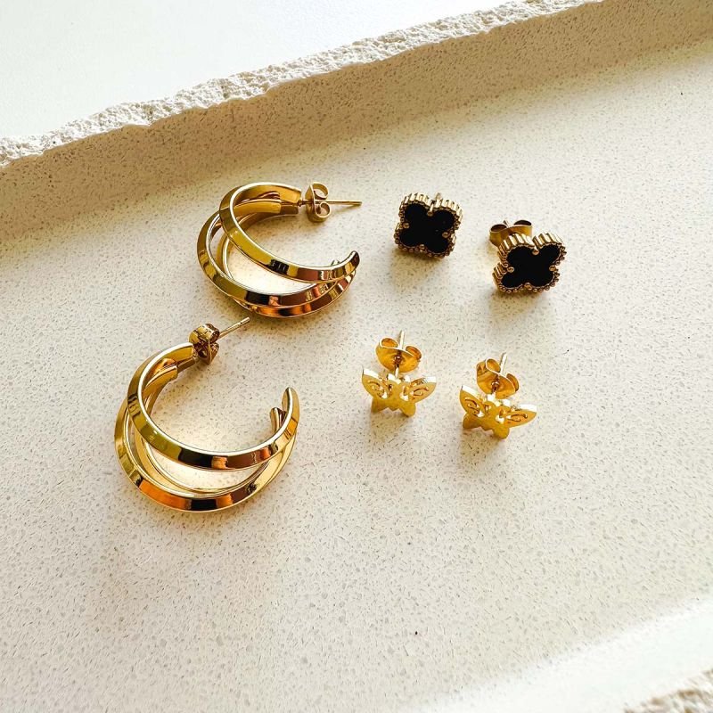 Trio Brincos Aço com Argola Tripla, Borboleta e Trevo