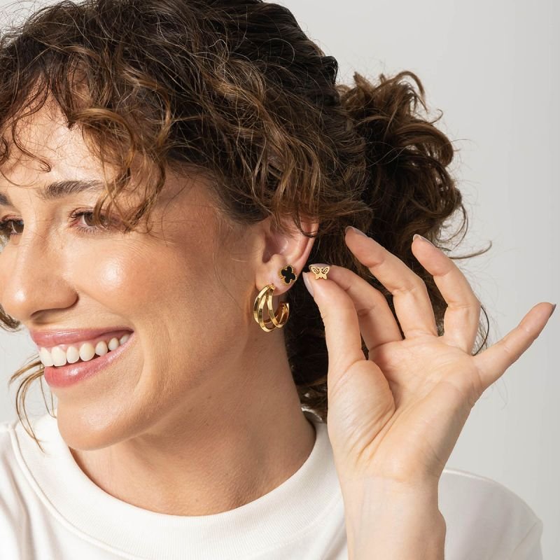 Trio Brincos Aço com Argola Tripla, Borboleta e Trevo