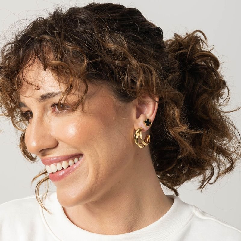 Trio Brincos Aço com Argola Tripla, Borboleta e Trevo