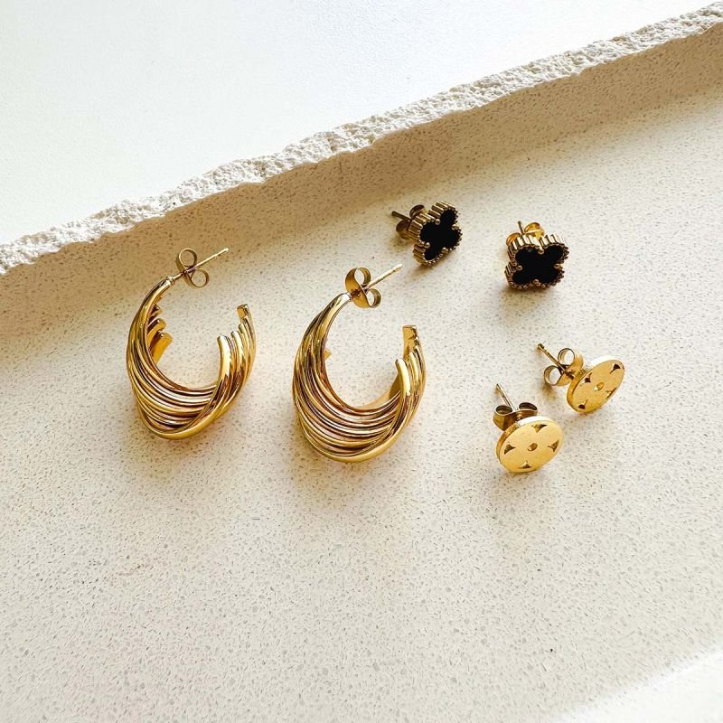 Trio Brincos Aço com Argola Trevo e Flor