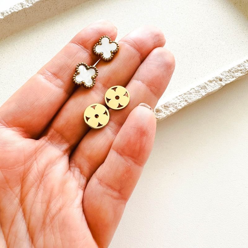 Trio Brincos Aço com Argola Trevo e Flor