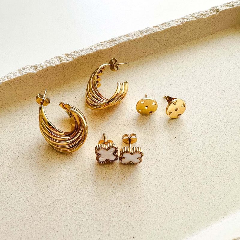 Trio Brincos Aço com Argola Trevo e Flor