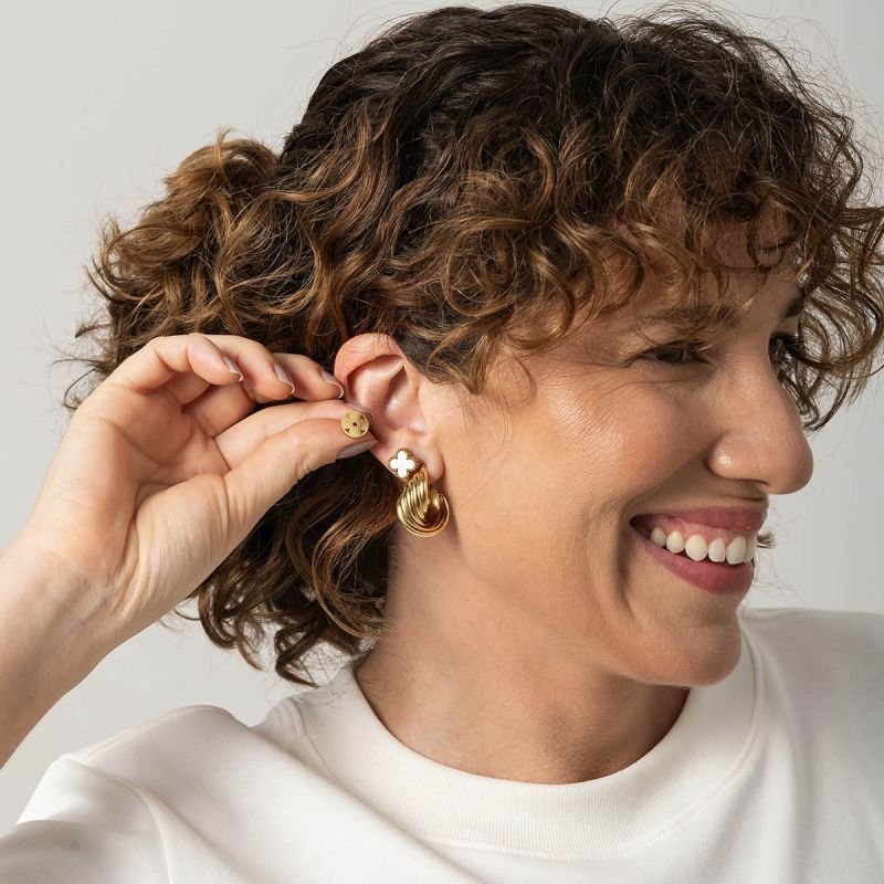 Trio Brincos Aço com Argola Trevo e Flor